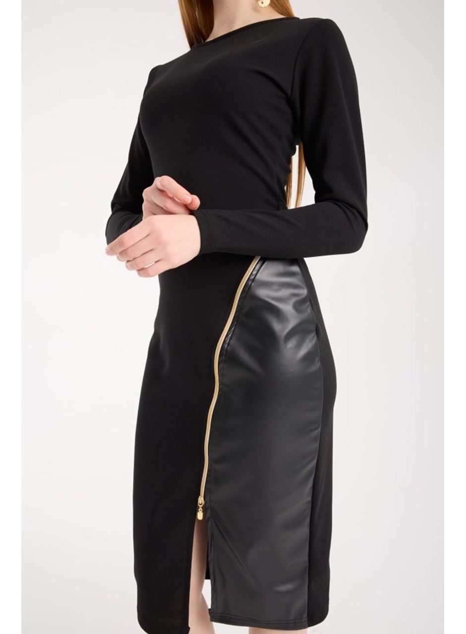 Kadın Bisiklet Yaka Uzun Kollu Deri Ve Fermuar Detay Mini Yırtmaçlı Elbise