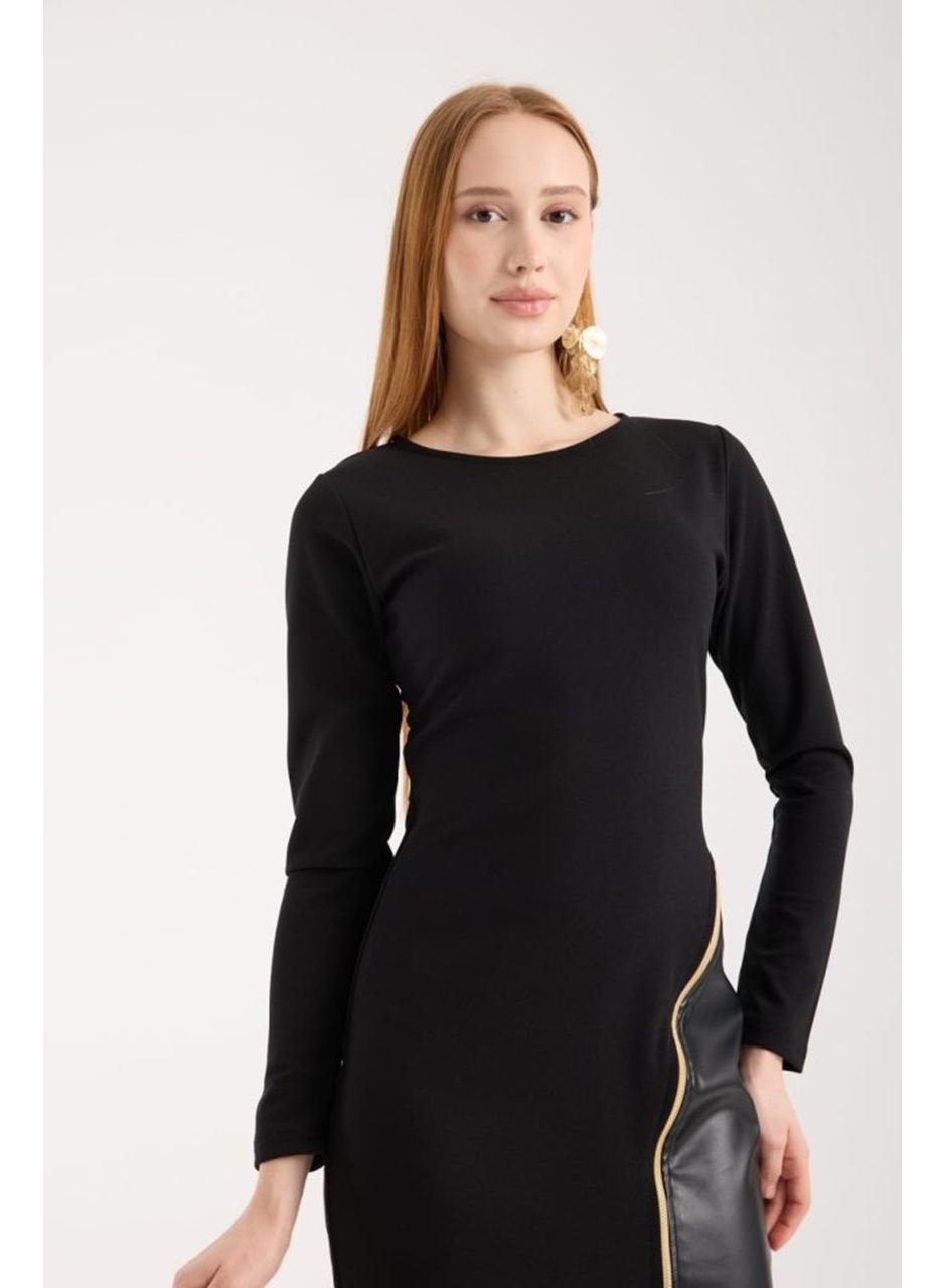 Kadın Bisiklet Yaka Uzun Kollu Deri Ve Fermuar Detay Mini Yırtmaçlı Elbise