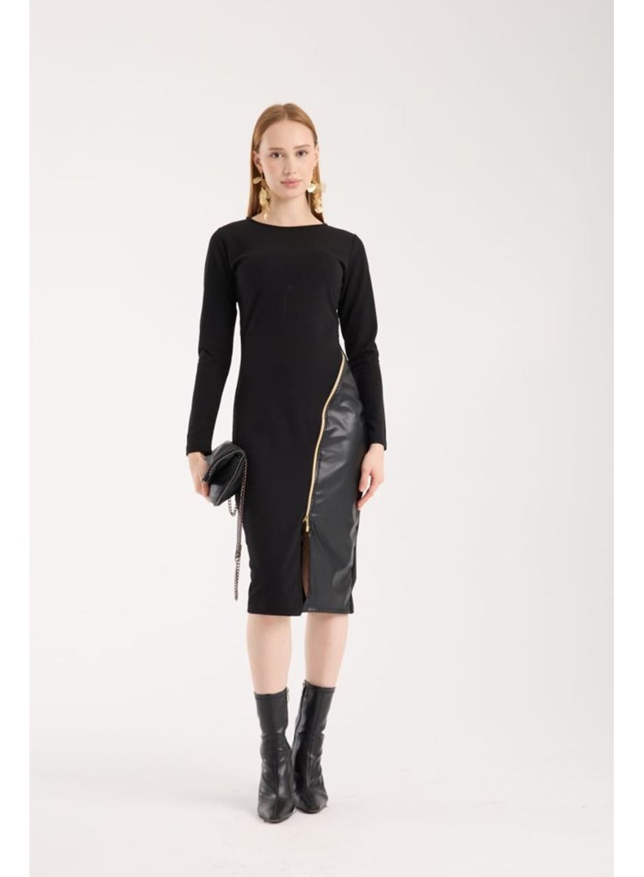 Kadın Bisiklet Yaka Uzun Kollu Deri Ve Fermuar Detay Mini Yırtmaçlı Elbise