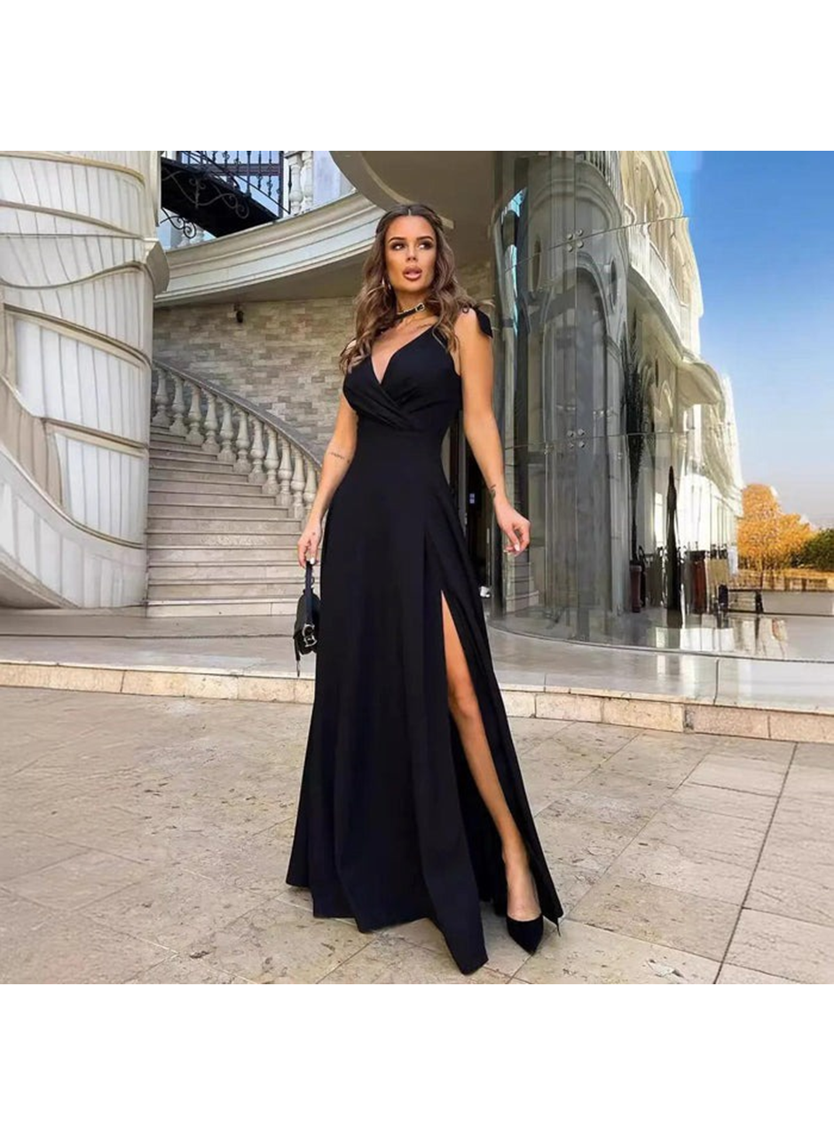 Kadın Askılı Omuzdan Bağlamalı Kruvaze Yakalı Uzun Yırtmaçlı Janjan Krep Elbise