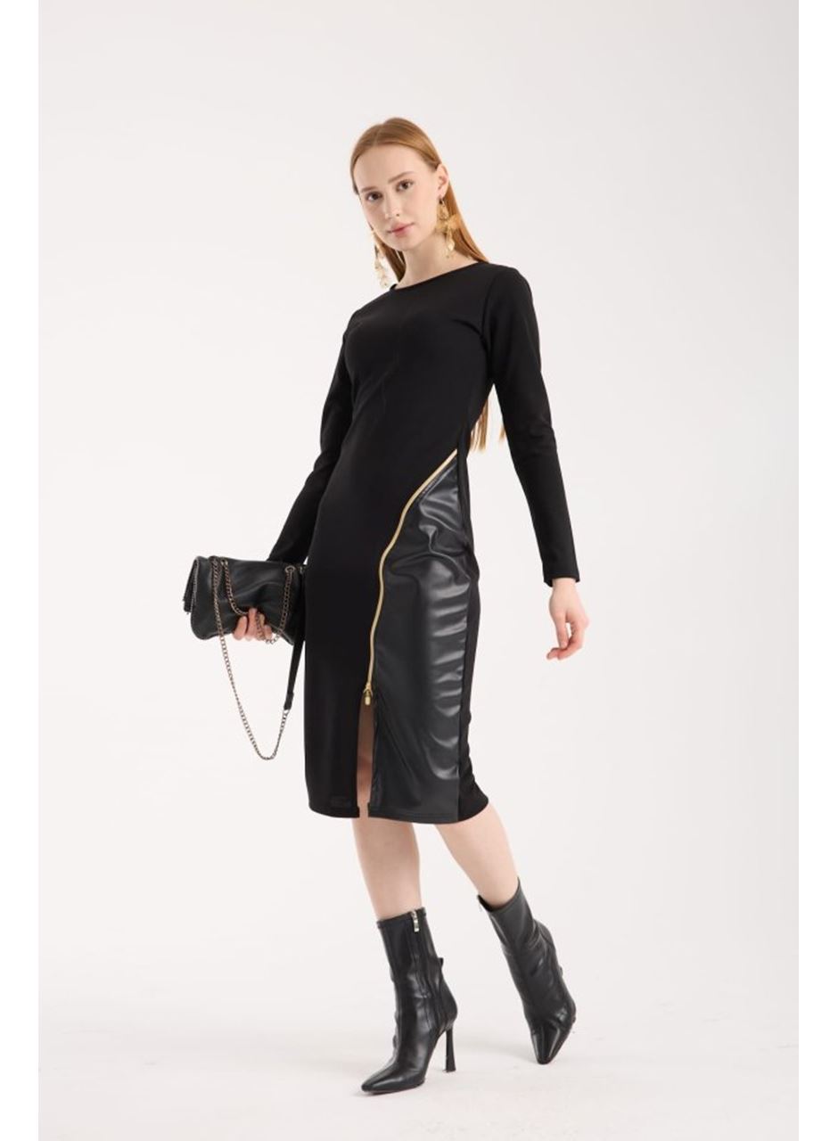 Kadın Bisiklet Yaka Uzun Kollu Deri Ve Fermuar Detay Mini Yırtmaçlı Elbise