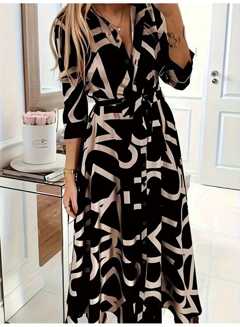 Kadın Uzun Kollu Yakalı önden Düğmeli Uzun Süprem Elbise