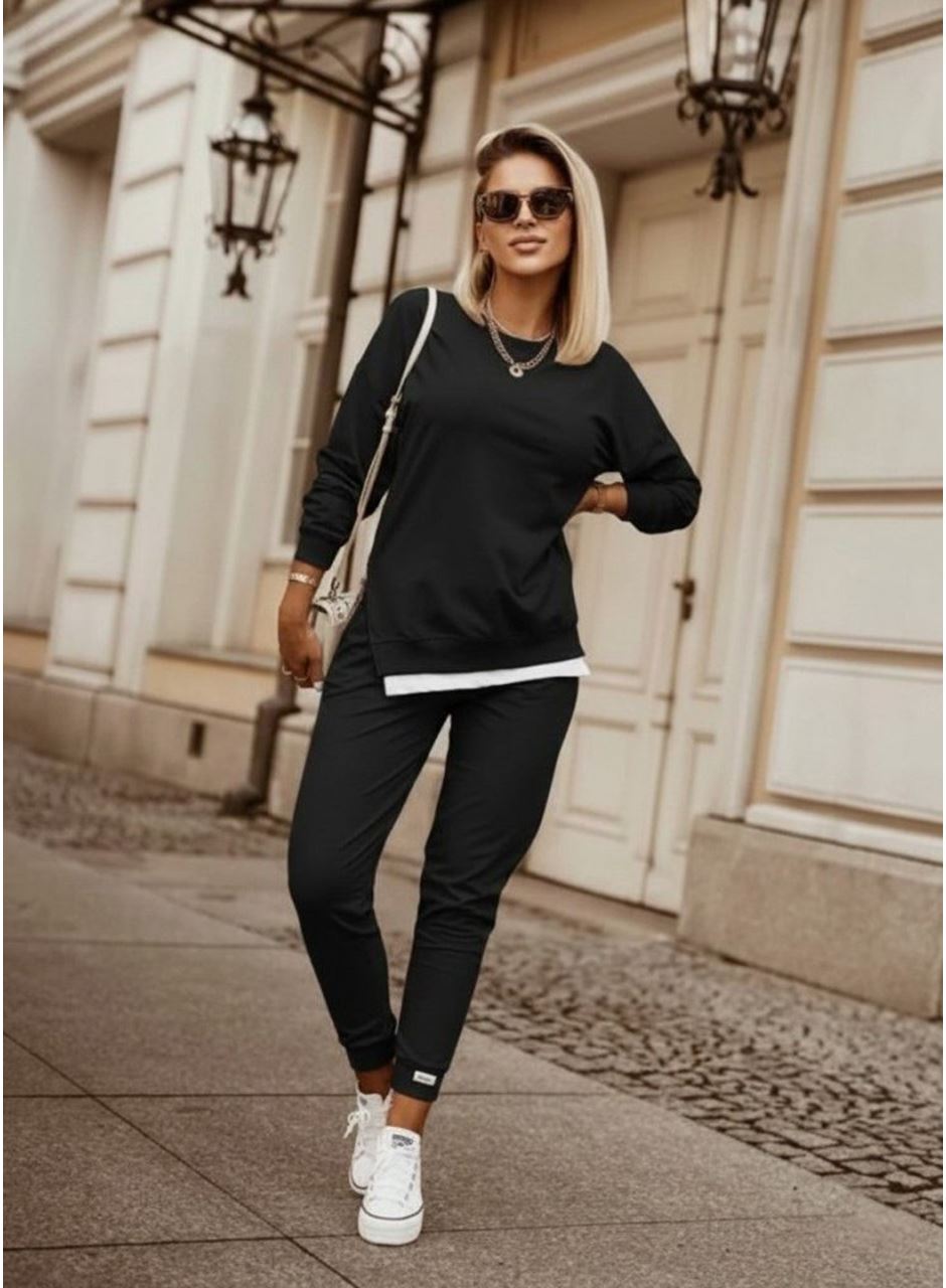 Kadın Uzun Kollu Bisiklet Yaka Yandan Fermuarlı Viskon Iki Iplik Bluz Ve Pantolon Ikili Takım