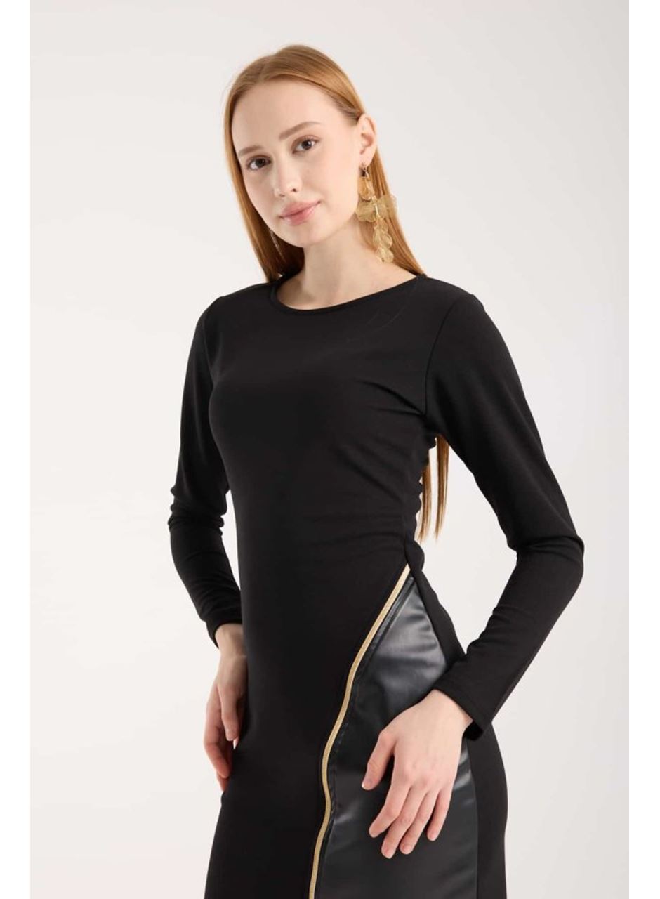 Kadın Bisiklet Yaka Uzun Kollu Deri Ve Fermuar Detay Mini Yırtmaçlı Elbise