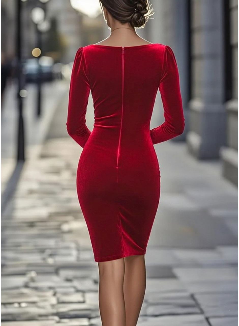 Kadın Uzun Kollu Kayık Yaka Mini Kadife Elbise