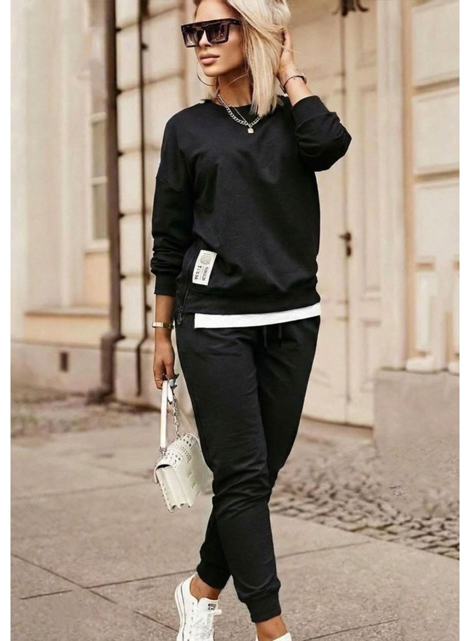 Kadın Uzun Kollu Bisiklet Yaka Yandan Fermuarlı Viskon Iki Iplik Bluz Ve Pantolon Ikili Takım