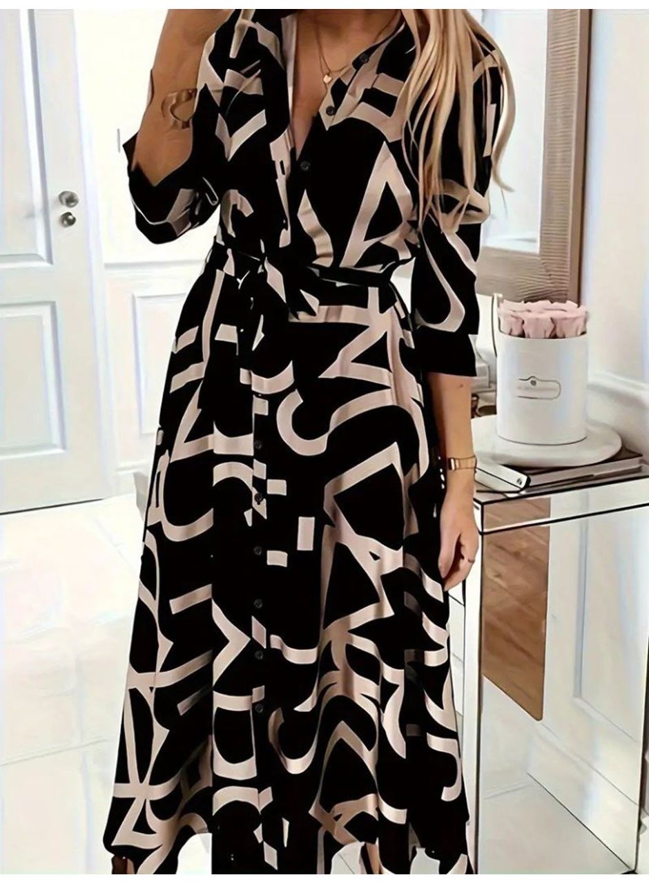 Kadın Uzun Kollu Yakalı önden Düğmeli Uzun Süprem Elbise