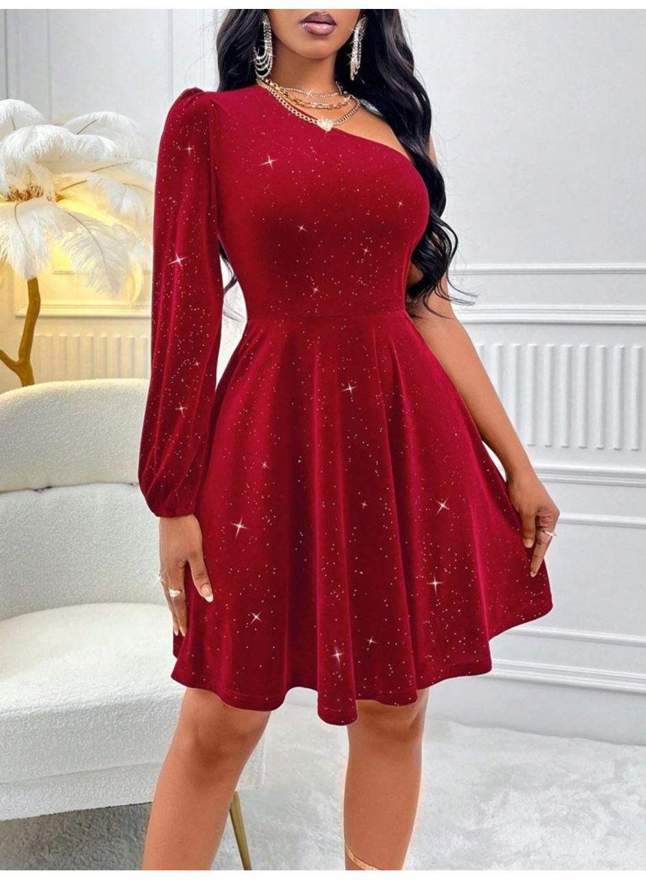 Kadın Tek Omuzdan Açık Uzun Kollu Taşlı Mini Elbise