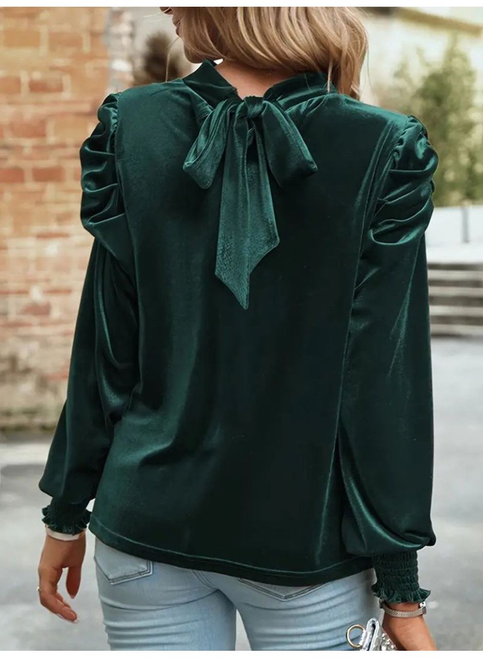 Kadın Uzun Kollu Balıkçı Yaka Damla Detaylı Kadife Bluz