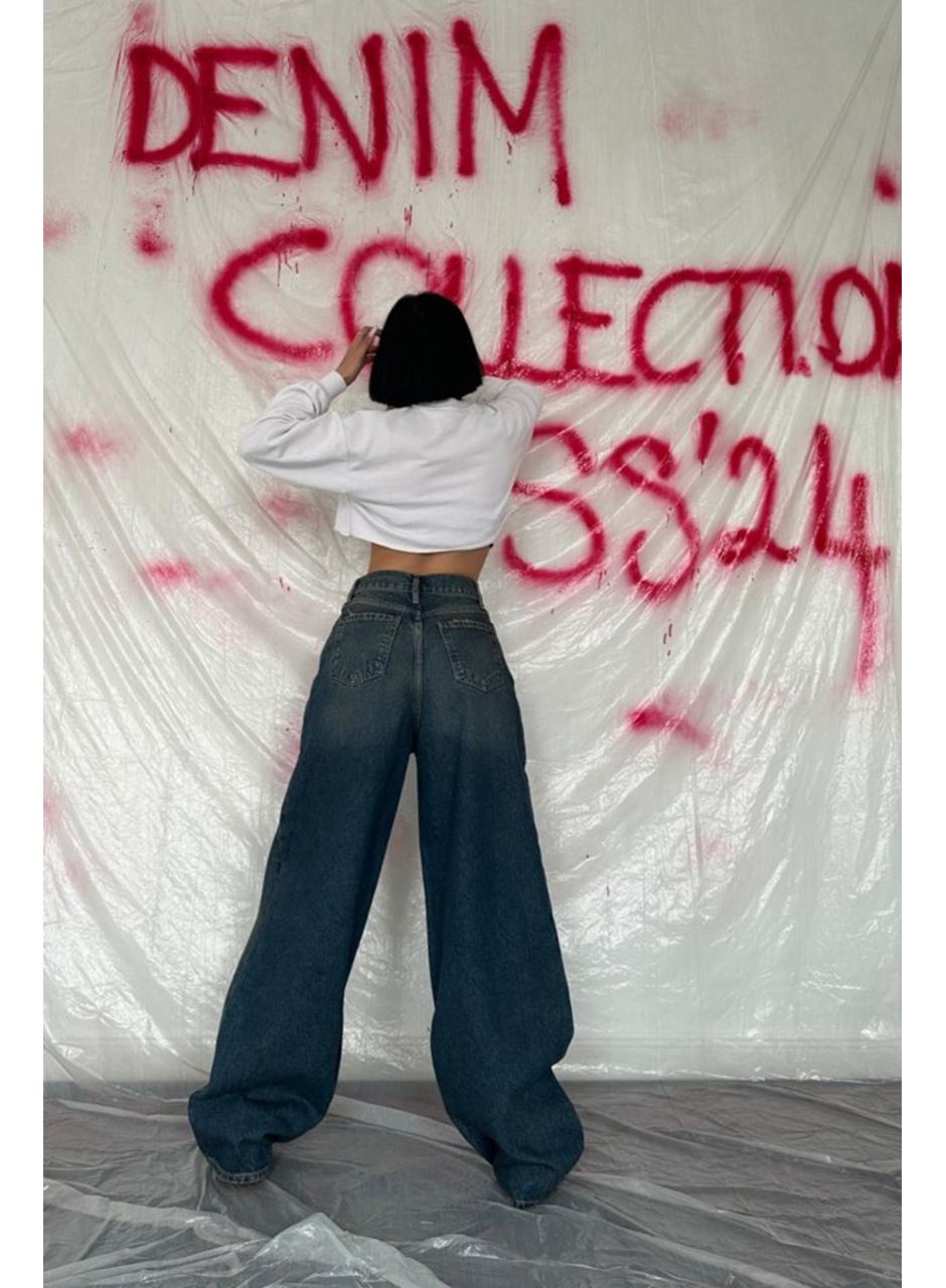 Lacivert Geniş Paça Jeans Pantolon