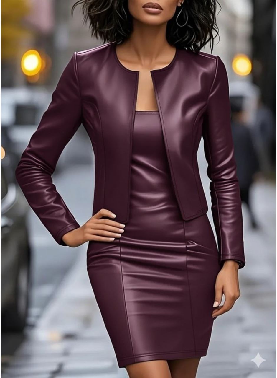 Kadın Uzun Kollu önü Açık Deri Ceket Ve Askılı Yuvarlak Yakalı Mini Elbise Ikili Takım