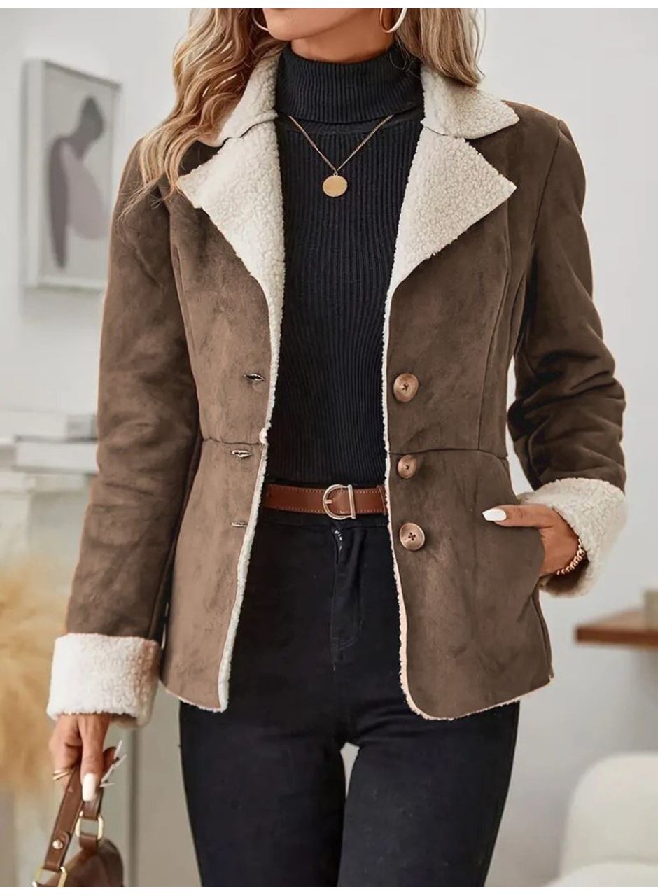 Kadın Uzun Kollu önden Düğmeli Cep Detaylı Kısa Süet Ceket