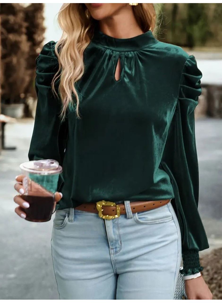 Kadın Uzun Kollu Balıkçı Yaka Damla Detaylı Kadife Bluz