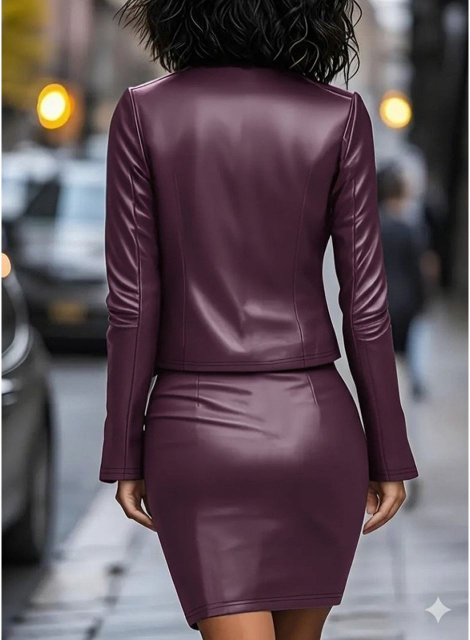 Kadın Uzun Kollu önü Açık Deri Ceket Ve Askılı Yuvarlak Yakalı Mini Elbise Ikili Takım