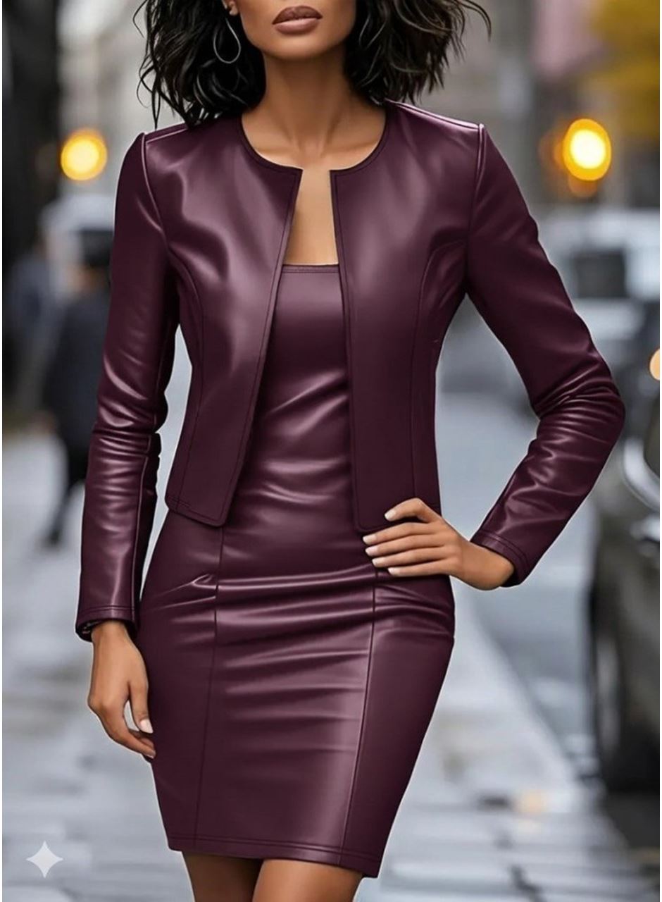 Kadın Uzun Kollu önü Açık Deri Ceket Ve Askılı Yuvarlak Yakalı Mini Elbise Ikili Takım