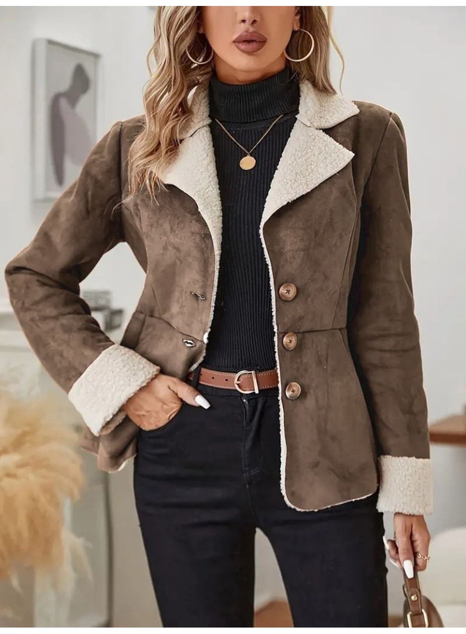 Kadın Uzun Kollu önden Düğmeli Cep Detaylı Kısa Süet Ceket