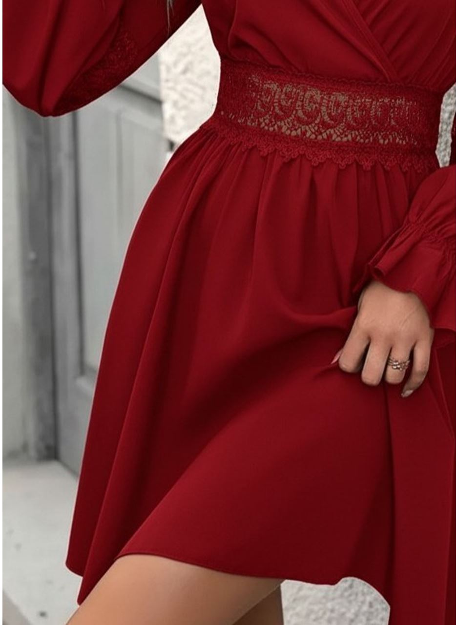 Kadın Uzun Kollu Kruvaze Yakalı Dantelli Fermuar Detaylı Mini Ithal Krep Elbise