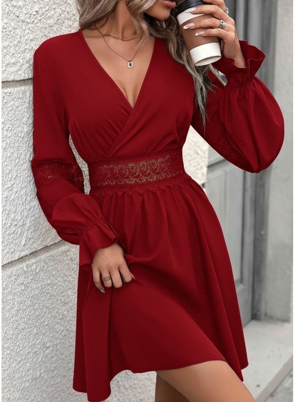 Kadın Uzun Kollu Kruvaze Yakalı Dantelli Fermuar Detaylı Mini Ithal Krep Elbise
