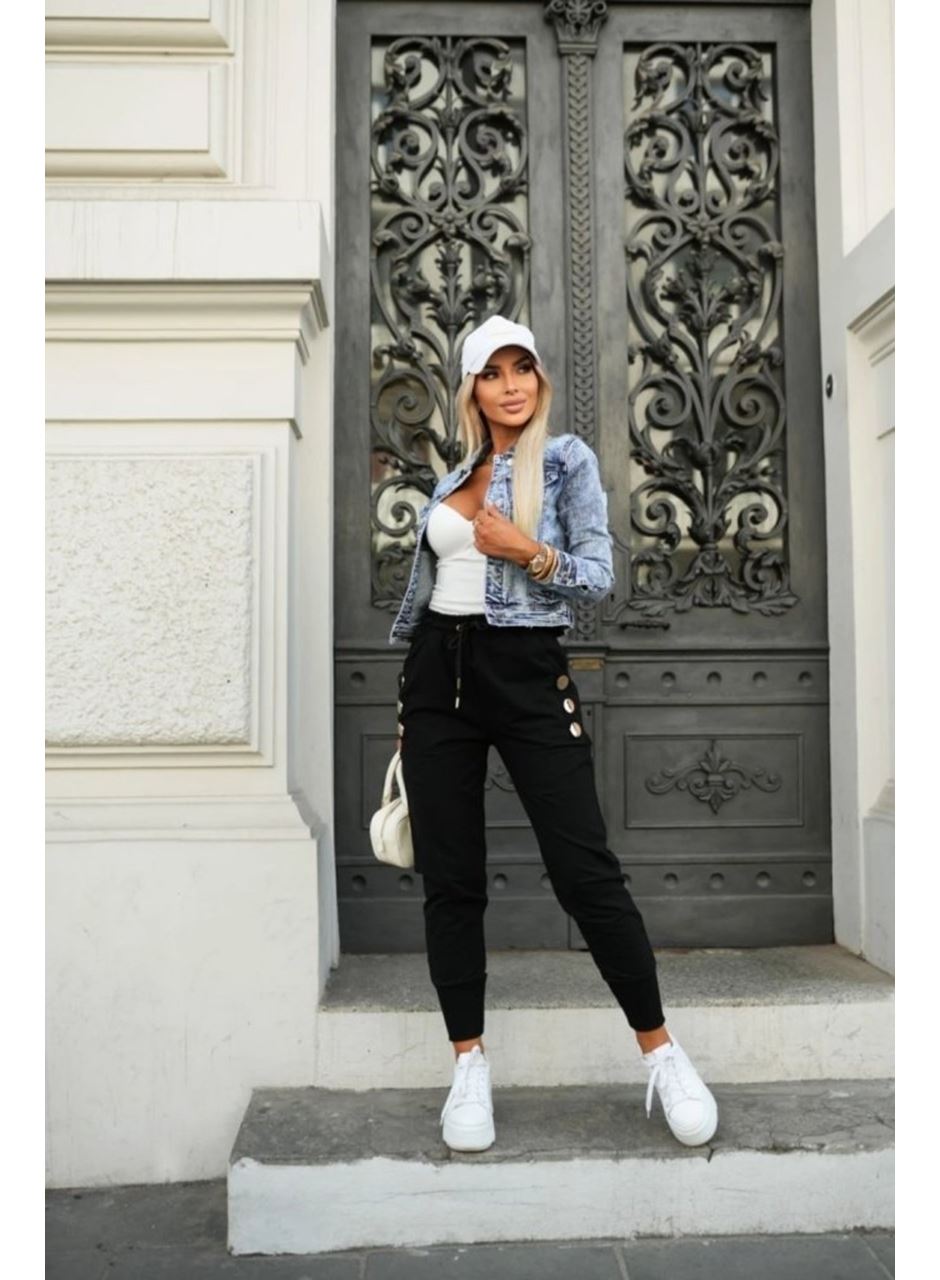 Kadın Yüksek Bel Lastikli Yanlardan Düğmeli Viskon Iki Iplik Pantolon