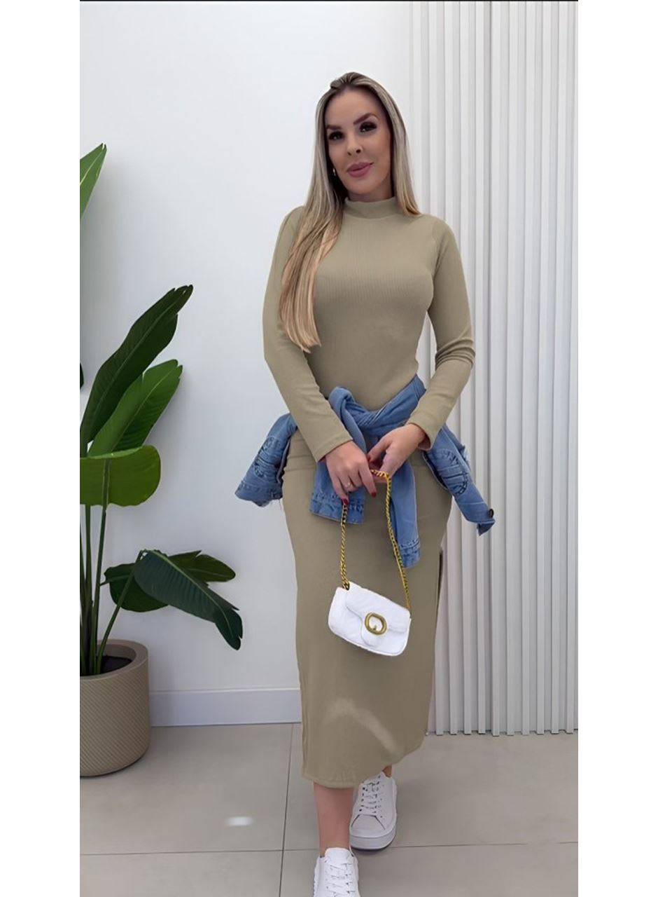 Kadın Uzun Kollu Balıkçı Yakalı Yanlardan Yırtmaçlı Kaşkorse Maxi Elbise