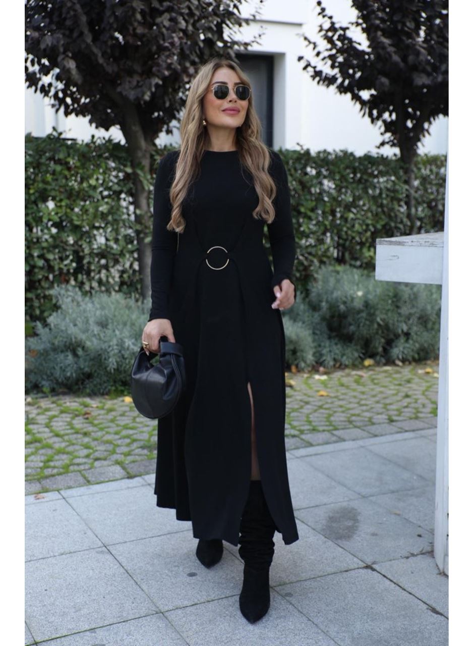 Kadın Uzun Kollu Bisiklet Yaka önden Halka Detaylı Yırtmaçlı Uzun Viskon Iki Iplik Elbise