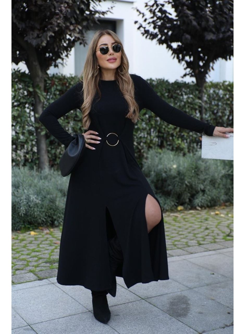 Kadın Uzun Kollu Bisiklet Yaka önden Halka Detaylı Yırtmaçlı Uzun Viskon Iki Iplik Elbise