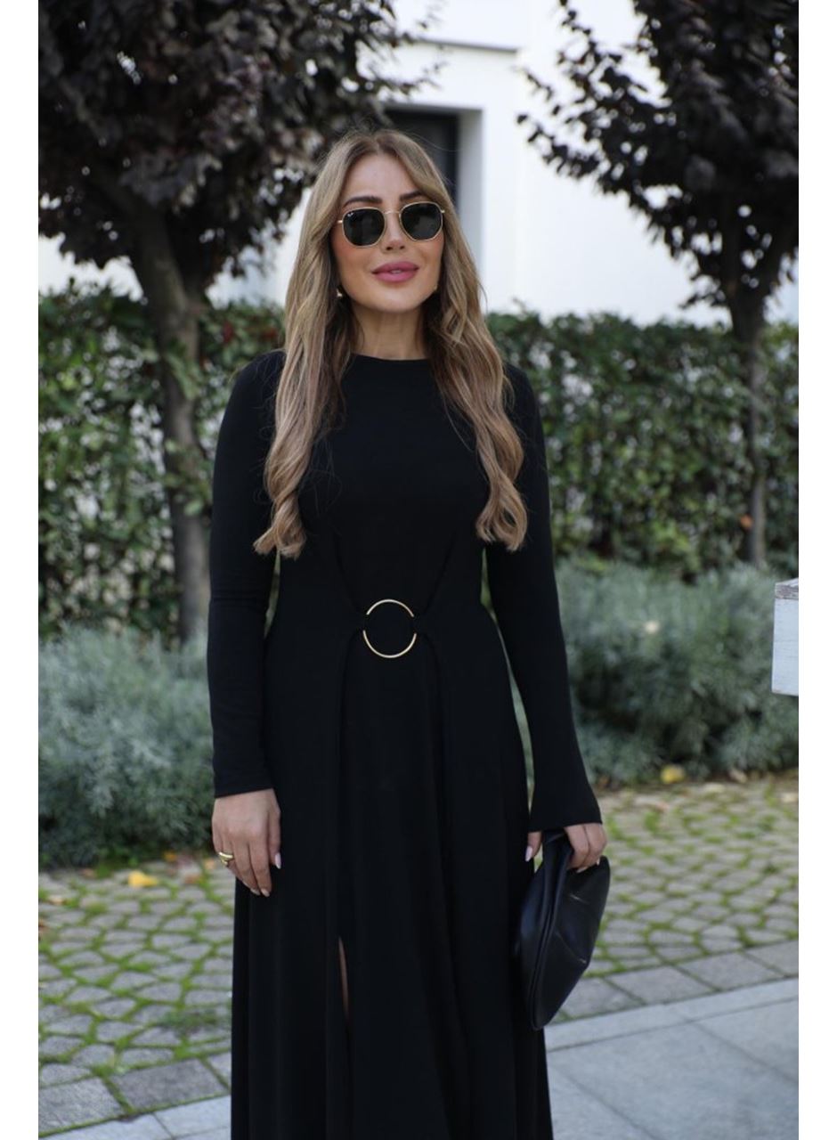 Kadın Uzun Kollu Bisiklet Yaka önden Halka Detaylı Yırtmaçlı Uzun Viskon Iki Iplik Elbise