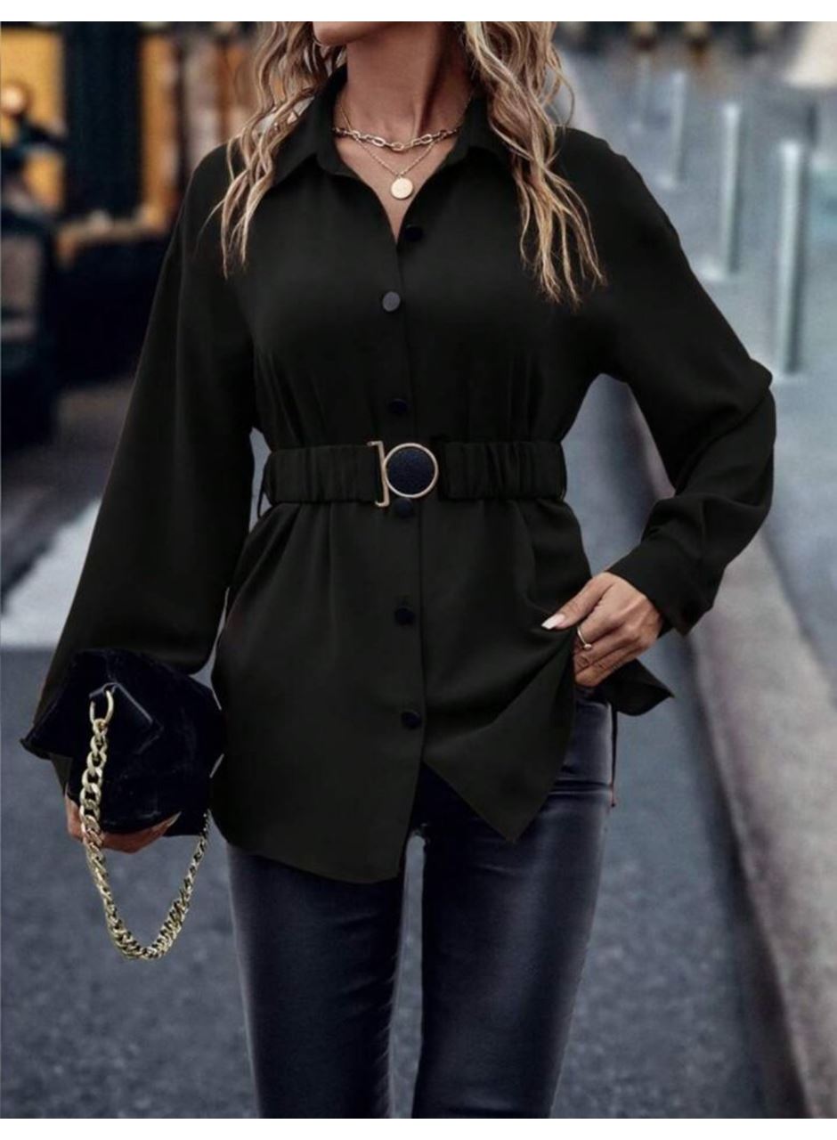 Kadın Uzun Kollu Yakalı önden Düğmeli Belden Kemerli Ithal Krep Bluz