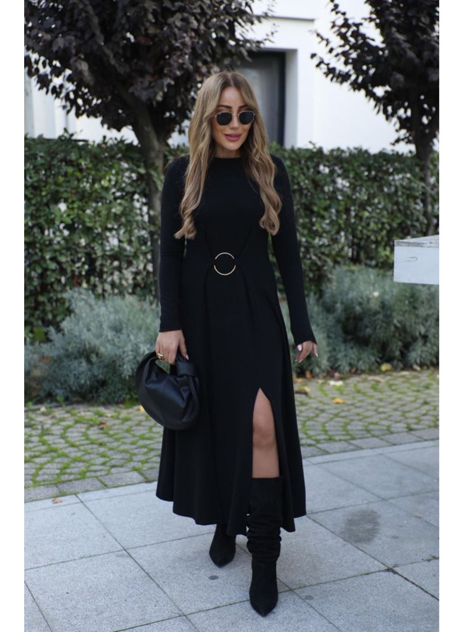 Kadın Uzun Kollu Bisiklet Yaka önden Halka Detaylı Yırtmaçlı Uzun Viskon Iki Iplik Elbise