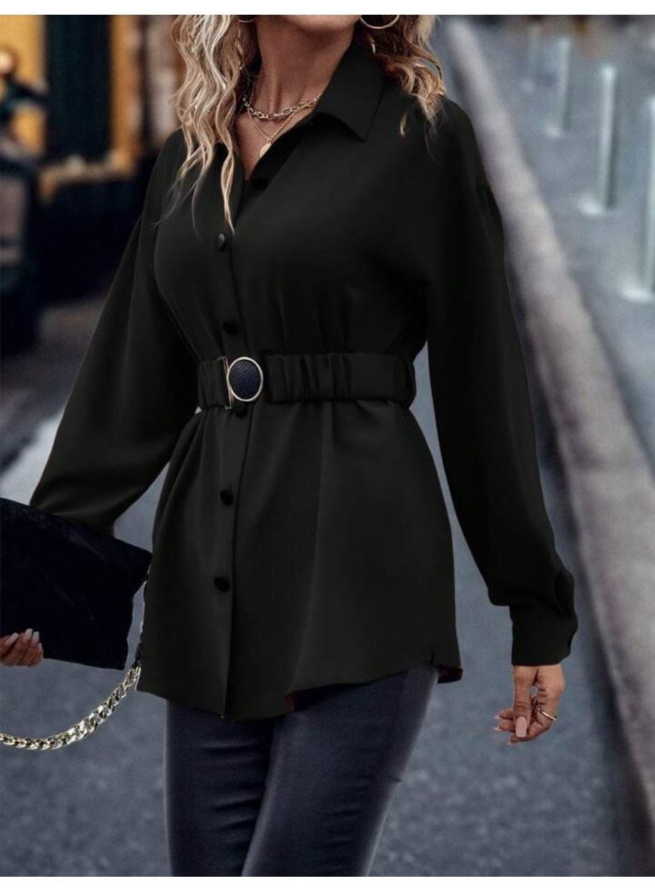 Kadın Uzun Kollu Yakalı önden Düğmeli Belden Kemerli Ithal Krep Bluz