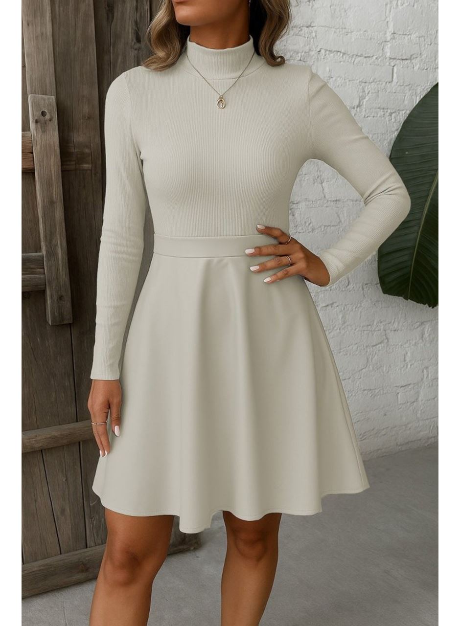 Kadın Uzun Kollu Balıkçı Yaka üst Kaşkorse Alt Deri Detaylı Mini Elbise
