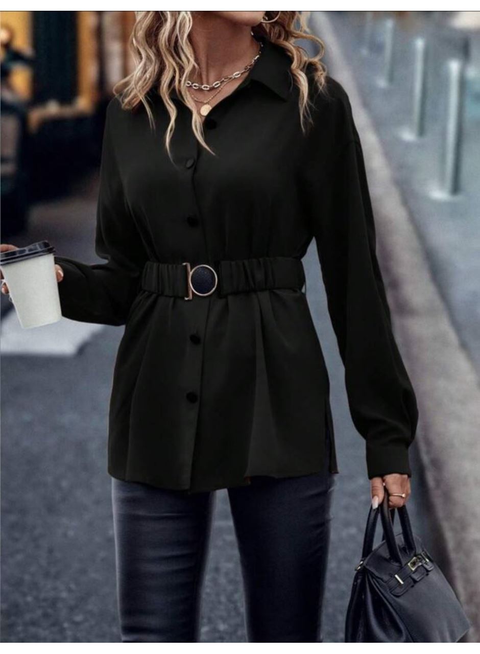 Kadın Uzun Kollu Yakalı önden Düğmeli Belden Kemerli Ithal Krep Bluz