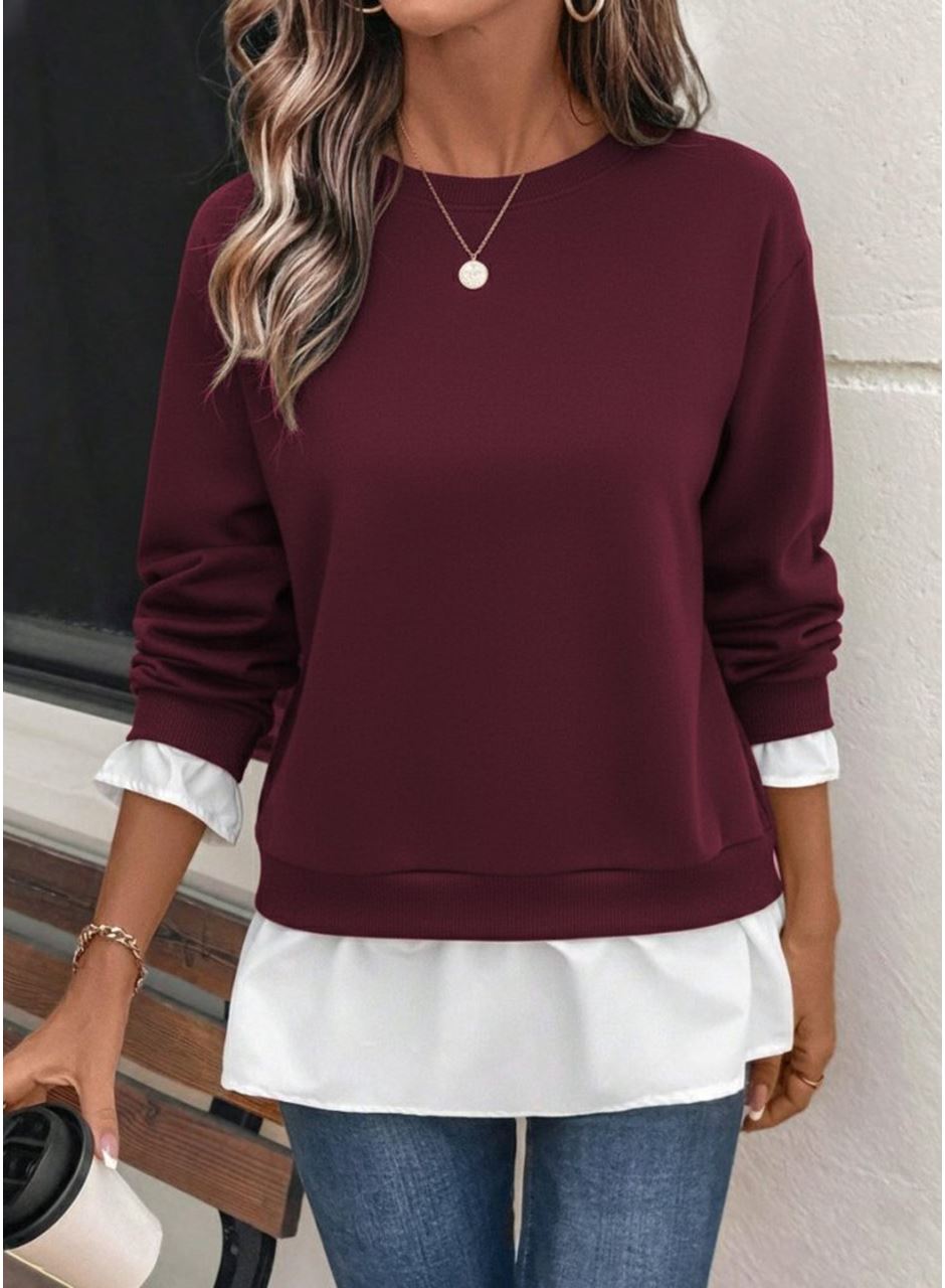 Kadın Uzun Kollu Bisiklet Yaka Viskon Iki Iplik Ve Etek Ucu Trikoton Bluz