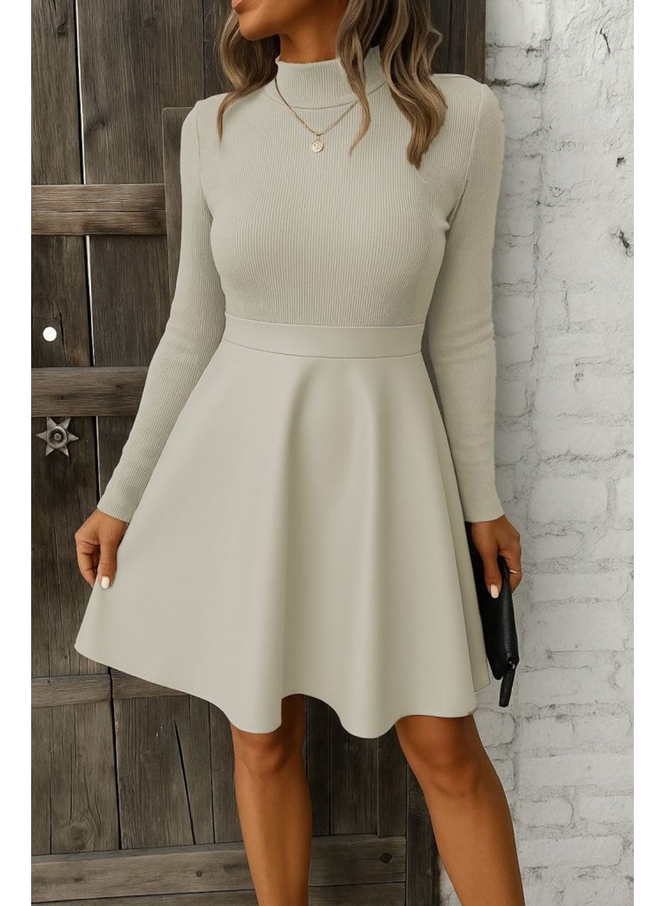 Kadın Uzun Kollu Balıkçı Yaka üst Kaşkorse Alt Deri Detaylı Mini Elbise