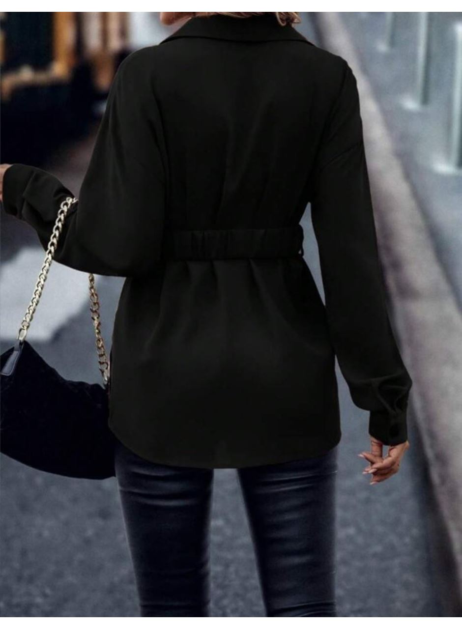 Kadın Uzun Kollu Yakalı önden Düğmeli Belden Kemerli Ithal Krep Bluz