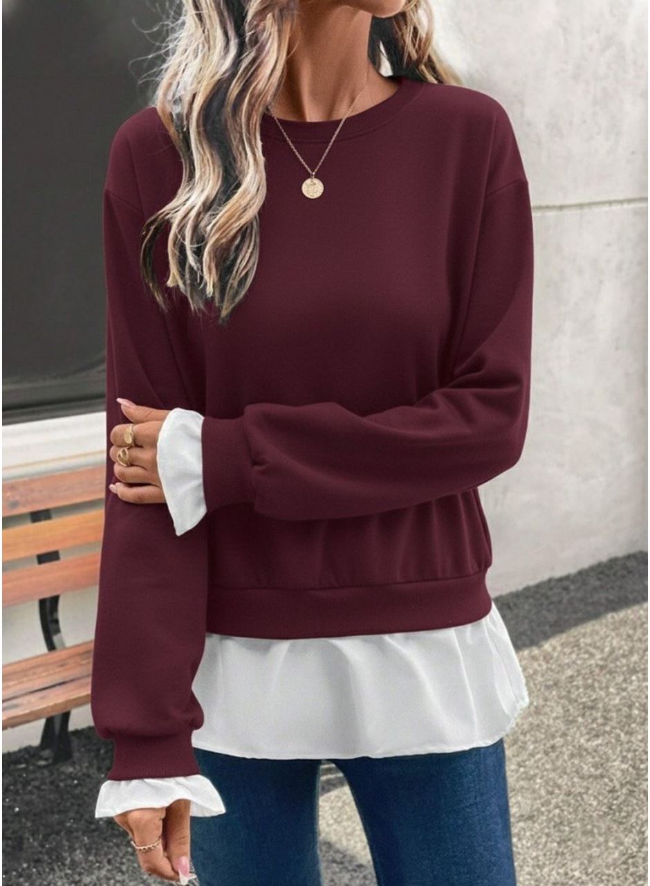 Kadın Uzun Kollu Bisiklet Yaka Viskon Iki Iplik Ve Etek Ucu Trikoton Bluz