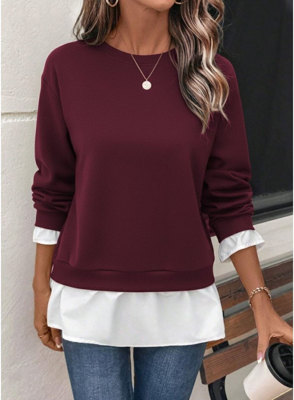 Kadın Uzun Kollu Bisiklet Yaka Viskon Iki Iplik Ve Etek Ucu Trikoton Bluz