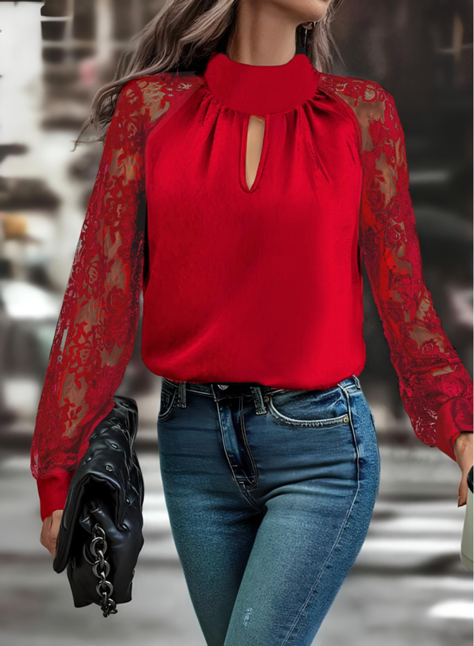 Kadın Uzun Kollu Göğüs Pencere Detay Yaka Boğazlı Kolları Tüllü Sandy Bluz