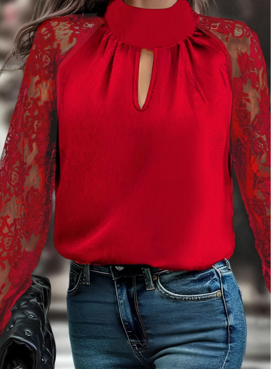 Kadın Uzun Kollu Göğüs Pencere Detay Yaka Boğazlı Kolları Tüllü Sandy Bluz