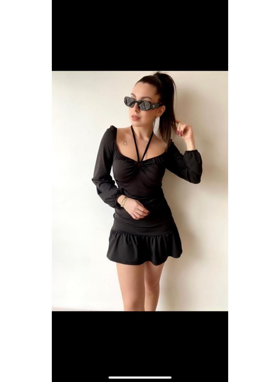 Kadın Uzun Kollu Halter Yaka Detay Mini Elbise