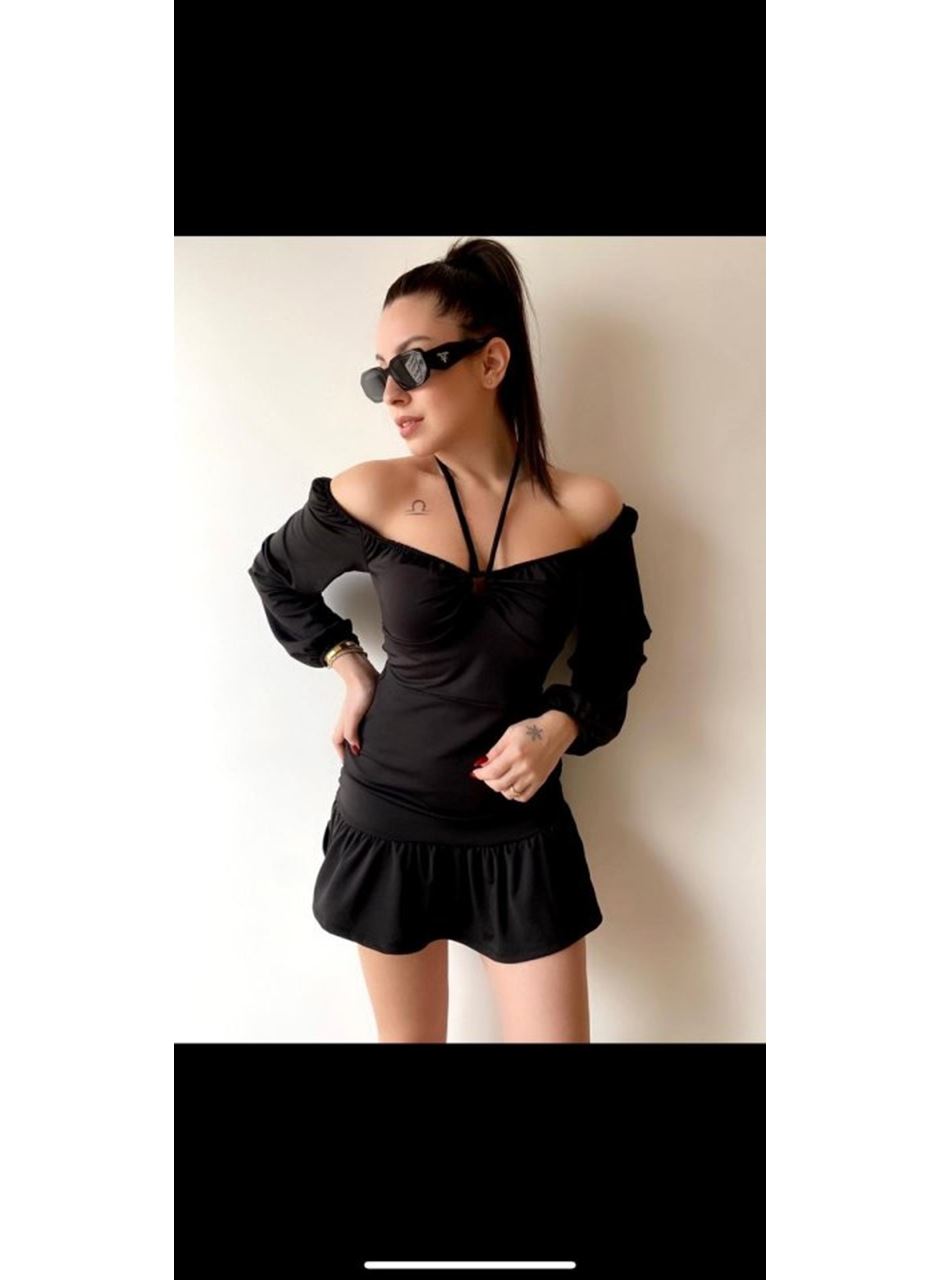 Kadın Uzun Kollu Halter Yaka Detay Mini Elbise