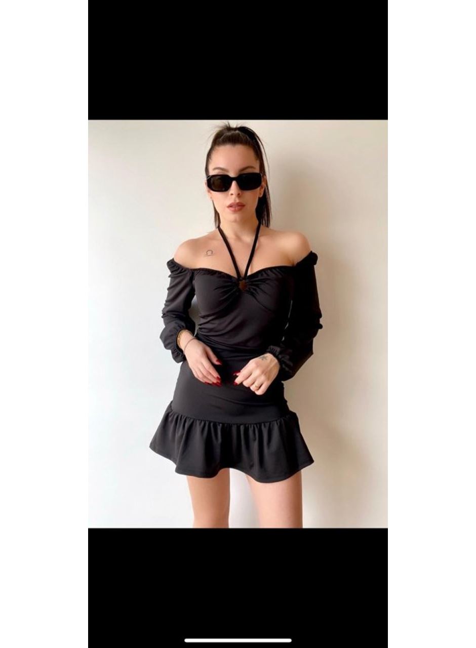 Kadın Uzun Kollu Halter Yaka Detay Mini Elbise