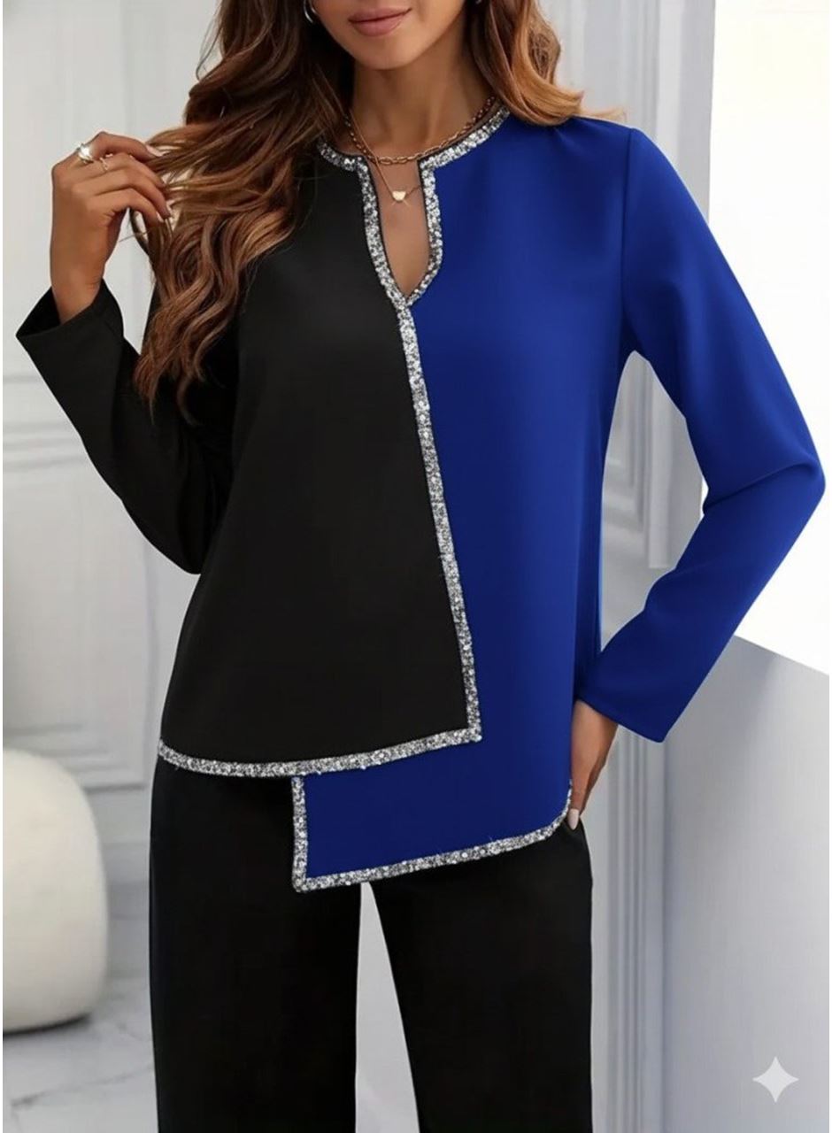 Kadın Uzun Kollu V Yakalı Pul Payet Işlemeli Ithal Krep Bluz