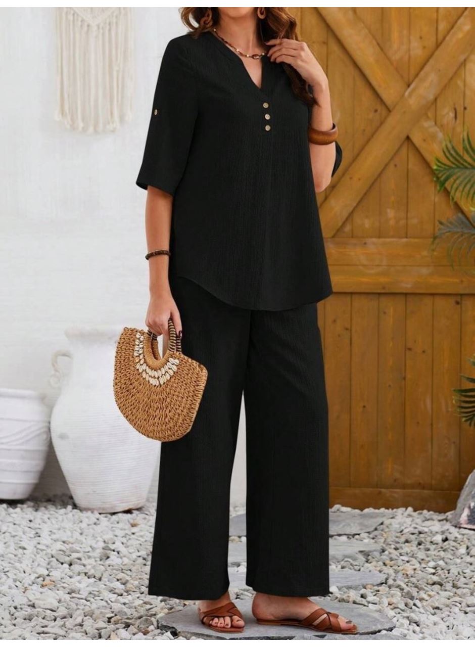 Kadın Kısa Kollu V Hakim Yaka Düğmeli Bürümcük Bluz Ve Pantolon Ikili Takım