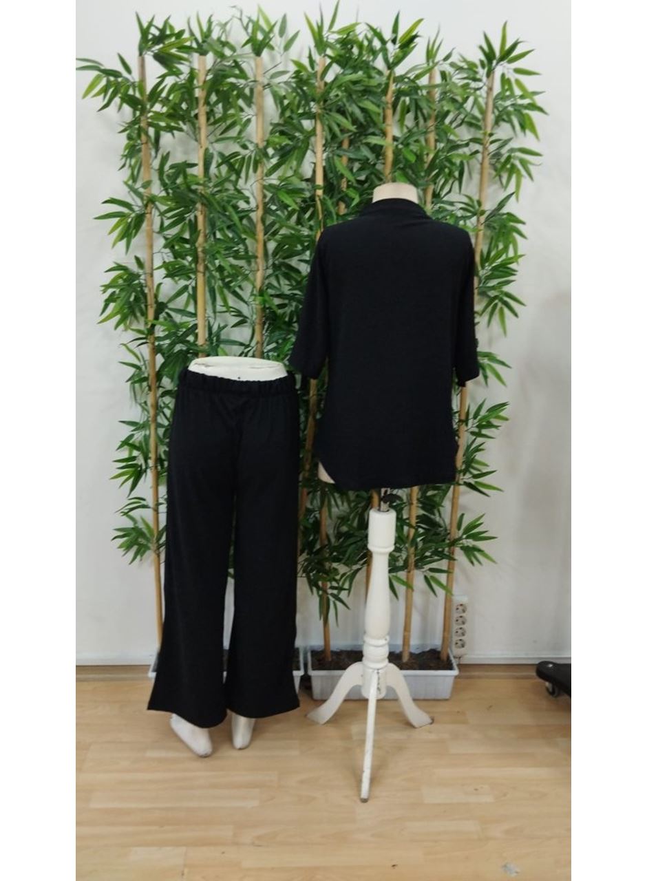 Kadın Kısa Kollu V Hakim Yaka Düğmeli Bürümcük Bluz Ve Pantolon Ikili Takım