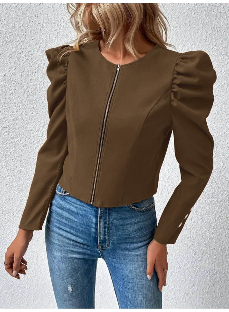 Kadın Uzun Kollu önden Fermuarlı Balon Kol Süet Ceket