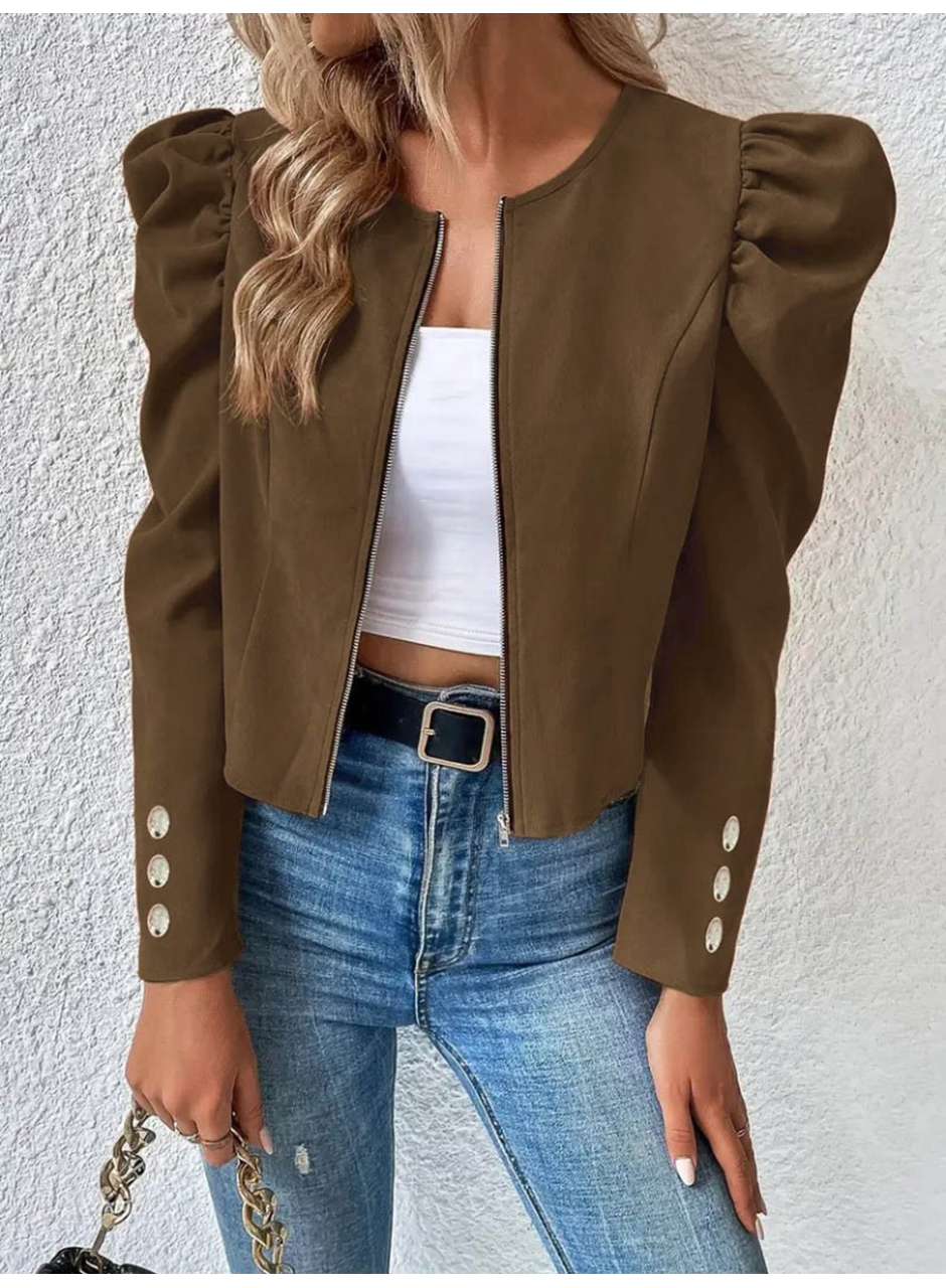 Kadın Uzun Kollu önden Fermuarlı Balon Kol Süet Ceket