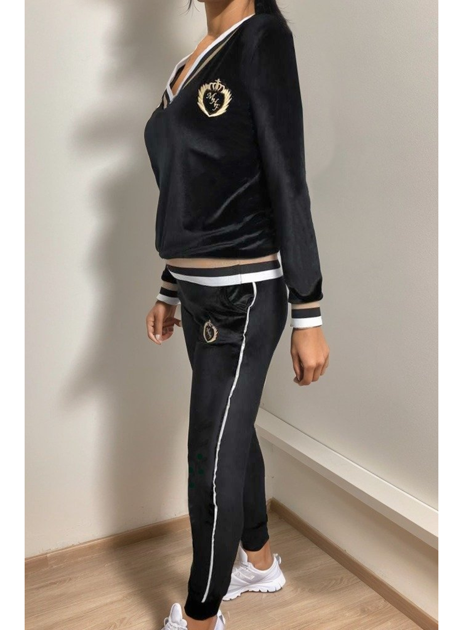 Kadın Uzun Kollu V Yaka Yakası Ve Kol Ağzı şerit Detay Kadife Takım