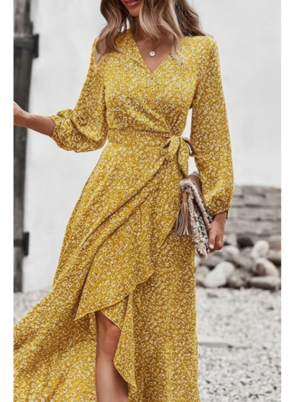 Kadın Uzun Kollu Kruvaze Yaka Yandan Bağlamalı önden Fırfır Detaylı Süprem Uzun Elbise