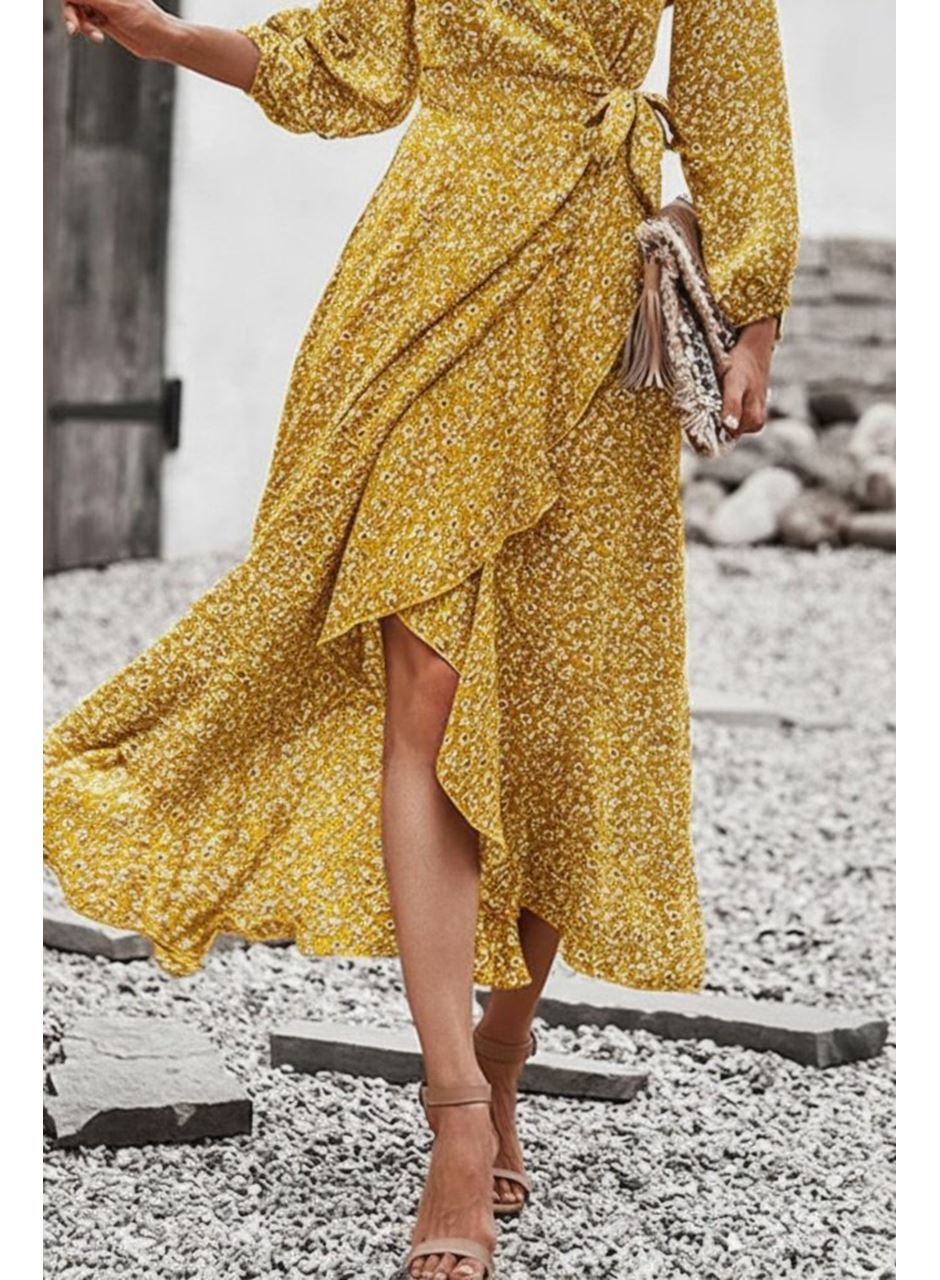 Kadın Uzun Kollu Kruvaze Yaka Yandan Bağlamalı önden Fırfır Detaylı Süprem Uzun Elbise